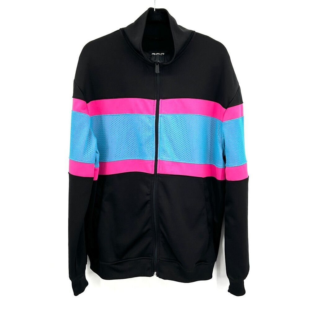 CSG Men's Black Pink Blue Retro Full Zip Up Track Jacket Size XL